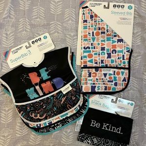 NWT Bumkins baby bib bundle - Superbib set, sleeved bib, and snack bags Be Kind